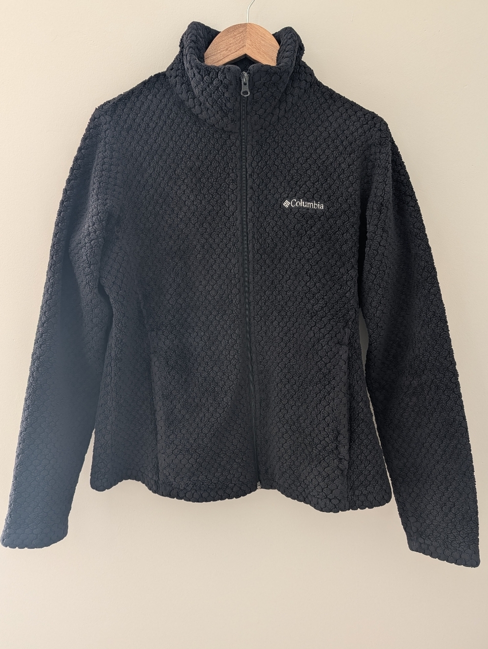 Columbia Sherpa Fleece Jacket Black Full Zip Pockets Cozy Women’s Large